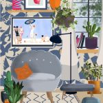 Wall Art print of Quirky interior scene with retro charm in welcoming blue tones is an unusual design for home decor