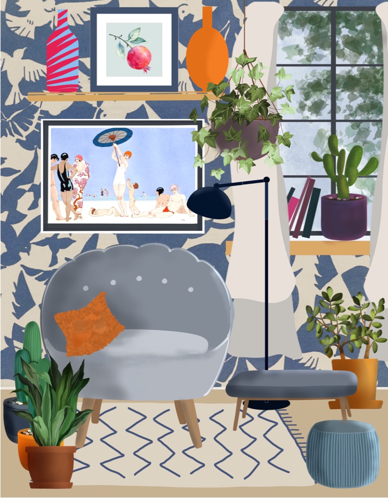 Wall Art print of Quirky interior scene with retro charm in welcoming blue tones is an unusual design for home decor